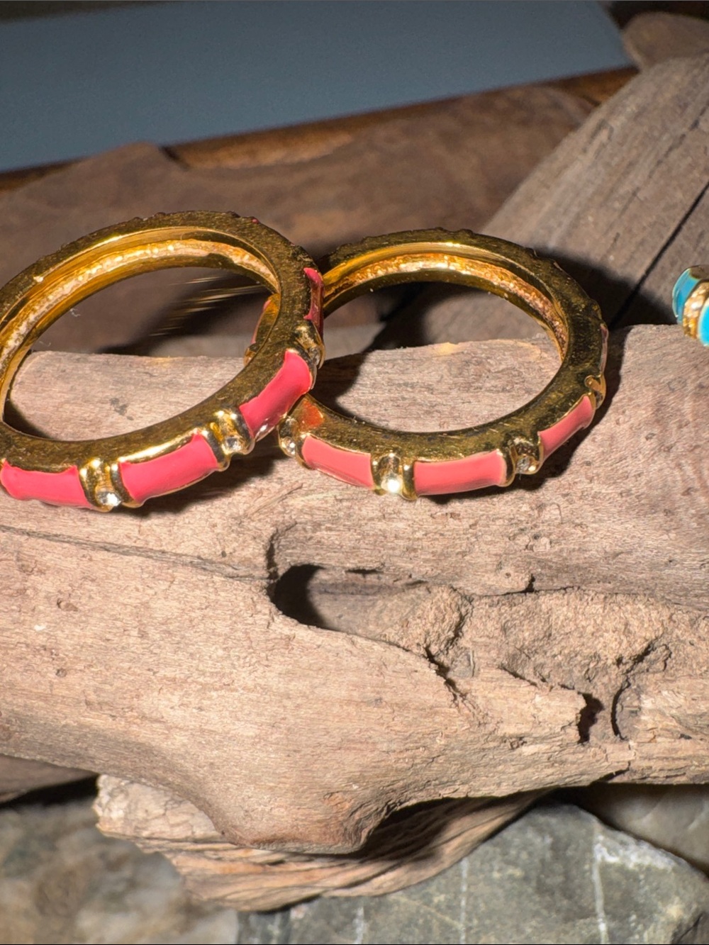 Stackable Rings Set of 3- Gold-Tone with Pink and Turquoise Enamel - Picture 4 of 4